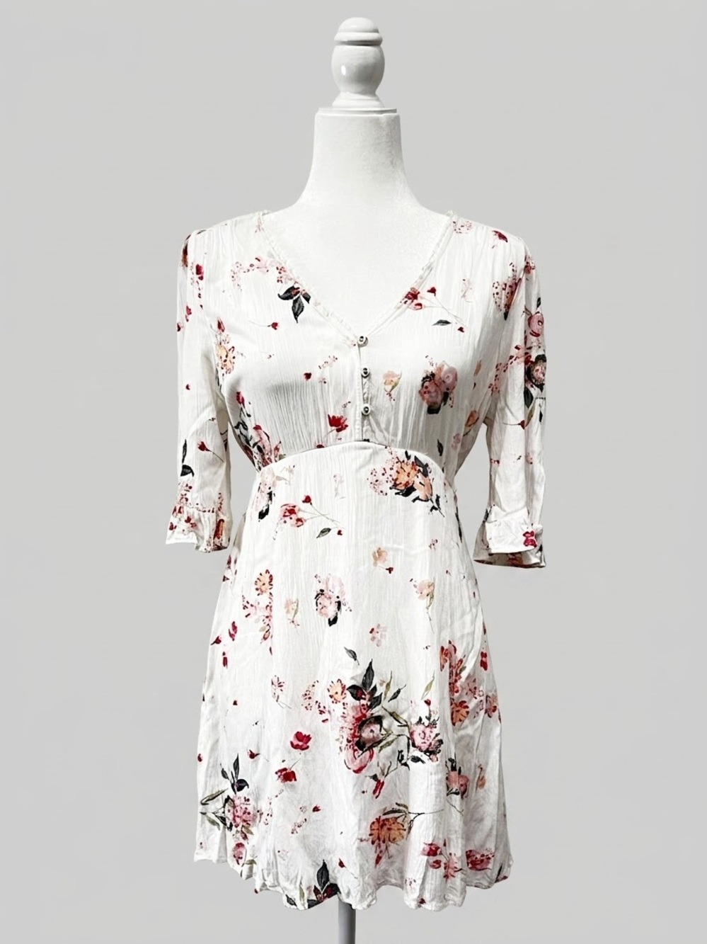 American Rag White Mini Dress with Pink & Red Floral Print Size S